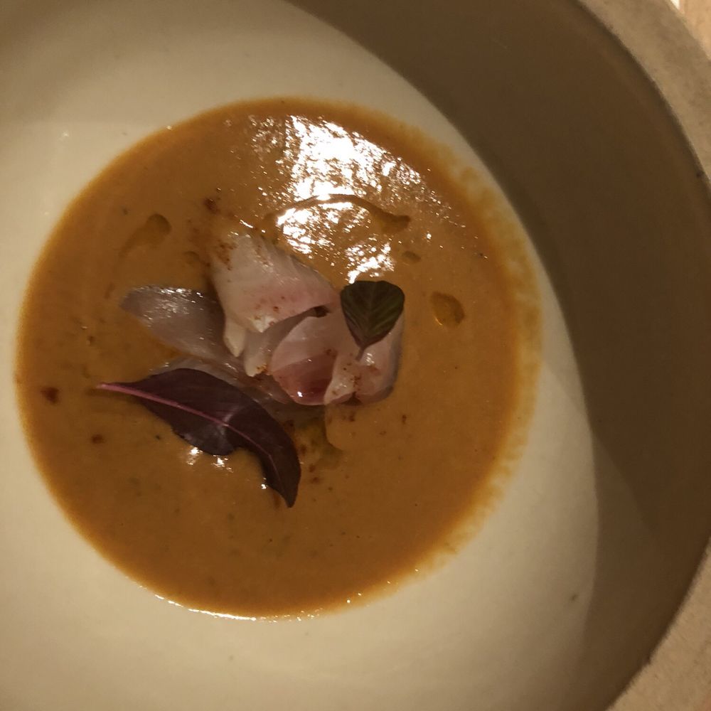 Sasaki - I didn't filter the picture and it was dark, but this red pepper gazpacho and cured kingfish is a truly memorable and skilled dish. - Japanese Near Me - Sydney, NSW