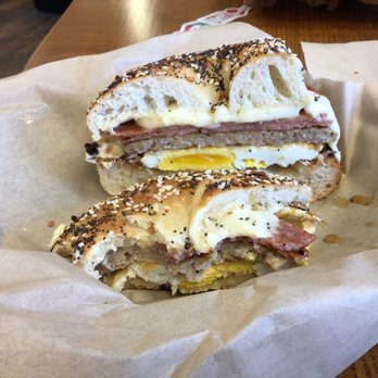 Back Home Bagels - The Carnivore Kid sandwich: pork roll, sausage Patty plus fried egg and toppings specific to that sandwich on an everything bagel! - Breakfast & Brunch Near Me - Schnecksville, Pennsylvania