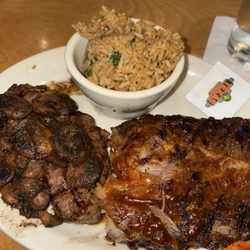 Steak w/ grilled mushrooms, ribs & rice