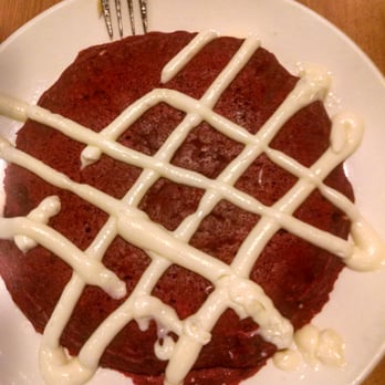 Megg's Cafe - Decadent Red Velvet pancake with cream cheese icing. - Bakeries Near Me - Temple, Texas