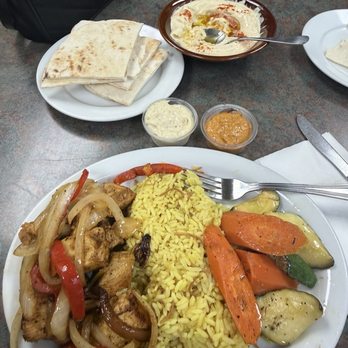 Mediterranean Grill & Cafe - Chicken kebab with, rice pilaf, veggies, and hummus - Mediterranean Near Me - Fresno, California