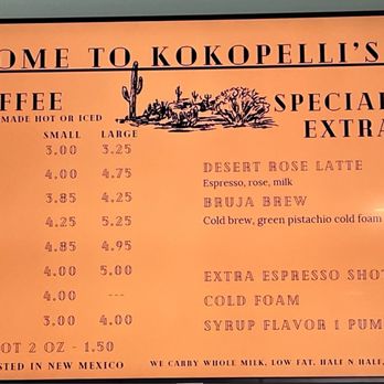 Kokopelli’s Cafe - Coffee menu. Also offering tea and energy drinks. - Coffee & Tea Near Me - Elephant Butte, New Mexico