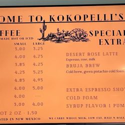Kokopelli’s Cafe - Coffee menu. Also offering tea and energy drinks.