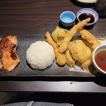 Joyce's Sushi - Two item dinner plate, salmon teriyaki and tempura - Japanese Near Me - Rancho Mirage, California Joyce's Sushi - Two item dinner plate, salmon teriyaki and tempura - Japanese Near Me - Rancho Mirage, California