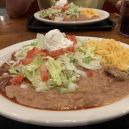 Chicken enchiladas loaded with beans and rice
