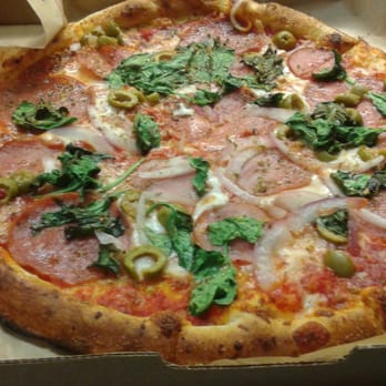 Blaze Pizza - My pizza, salami, ham, red onions, green olives, spinach, basil and sea salt - Pizza Near Me - Indianapolis, Indiana