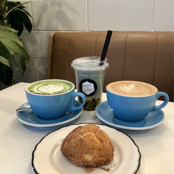 Mints & Honey - Clockwise from left: Matcha Rose Latte, Butterfly Coconut Mango w/boba, Latte, and Scone - Coffee & Tea Near Me - Burlingame, California Mints & Honey - Clockwise from left: Matcha Rose Latte, Butterfly Coconut Mango w/boba, Latte, and Scone - Coffee & Tea Near Me - Burlingame, California