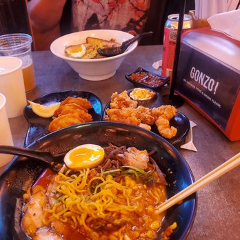 GONZO!  - Top: Tonkatsu with a side of spicy Middle: gyoza and karage Bottom: Gonzo Red - Ramen Near Me - Carlsbad, California