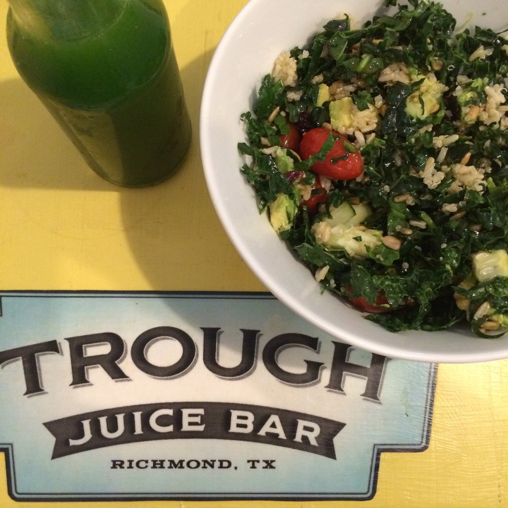 Trough Juice Bar - Super Trough Bowl with a Green Pastures No. 2 (cold pressed juice) - Salad Near Me - Richmond, Texas