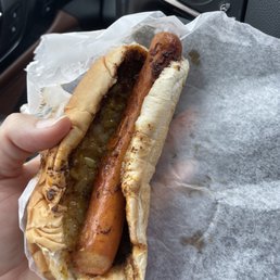 Hit dog with the regular fixings Hit dog with the regular fixings