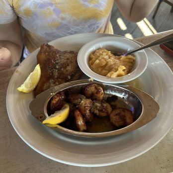 Anna Maria Oyster Bar - Pier - Captain's Combo cooked in garlic & butter with cheese grits and lobster bisque - Seafood Near Me - Bradenton Beach, Florida