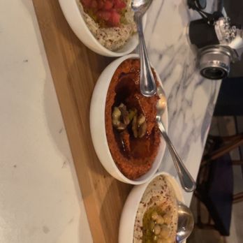 Aleppo's Kitchen - Mtabbal (mashed zucchini), mhamara, hummus - Mediterranean Near Me - Anaheim, California