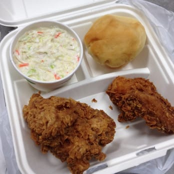 Ezell's Famous Chicken - 2-piece, white meat half-and-half (one regular and one spicy) with a side of slaw and a roll - Southern Near Me - Seattle, Washington