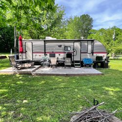 Misthaven Resort - Many of our sites come with a wood deck already in place. And all of our sites are oversized. Look at the huge yard around this site!