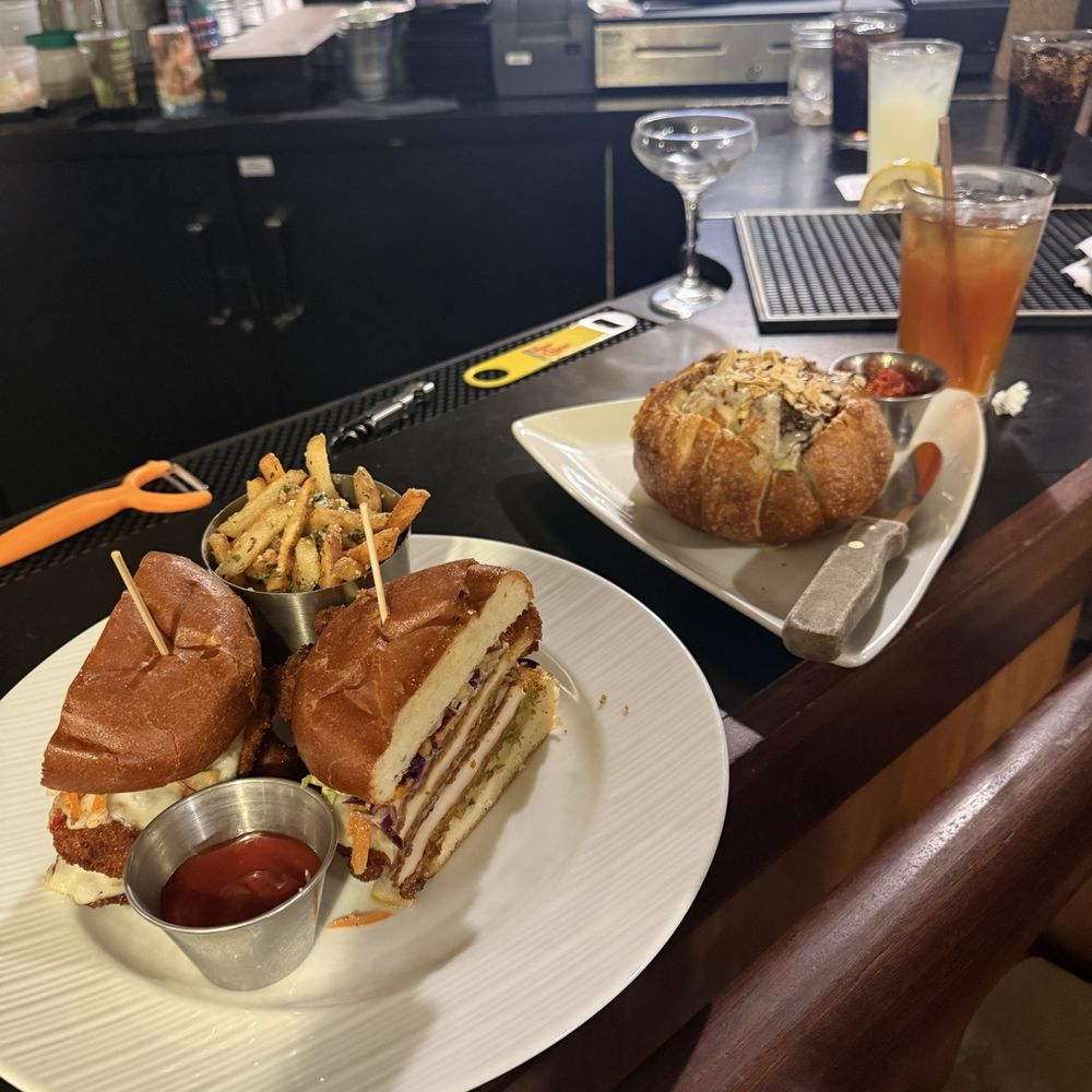 Cheesy garlic bread & Double stacked chicken sandwich with truffle fries Cheesy garlic bread & Double stacked chicken sandwich with truffle fries