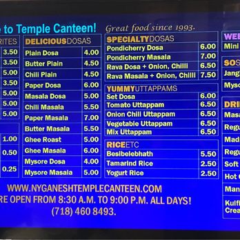 Ganesh Temple Canteen - Menu Board - Indian Near Me - Flushing, New York