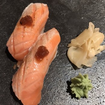 Saké - Seared Salmon nigiri with Pickled radish - Bars Near Me - Sydney, NSW Saké - Seared Salmon nigiri with Pickled radish - Bars Near Me - Sydney, NSW