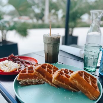 Waffle Monkey - Egg and bacon waffle with bacon and eggs on the side - Breakfast & Brunch Near Me - Bonita Springs, Florida