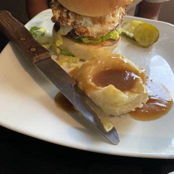 The Hole in the Wall Arcade & Lounge - Burger with mashed - New American Near Me - Perry, New York The Hole in the Wall Arcade & Lounge - Burger with mashed - New American Near Me - Perry, New York
