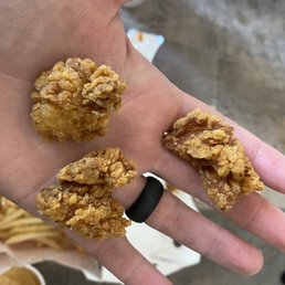a hand holding three pieces of fried food