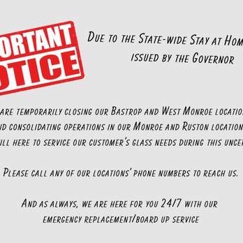 Acme Glass & Mirror - Due to the State-wide Stay at Home Order
issued by the Governor - Auto Glass Services Near Me - Ruston, Louisiana Acme Glass & Mirror - Due to the State-wide Stay at Home Order
issued by the Governor - Auto Glass Services Near Me - Ruston, Louisiana