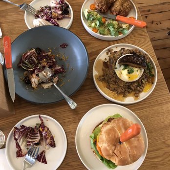 Canard - Lunch! Radicchio Cherry Chopped Salad, Shrimp Toast, Foie Gras on Duck Stack, and Chicken Sandwich - Wine Bars Near Me - Portland, Oregon Canard - Lunch! Radicchio Cherry Chopped Salad, Shrimp Toast, Foie Gras on Duck Stack, and Chicken Sandwich - Wine Bars Near Me - Portland, Oregon