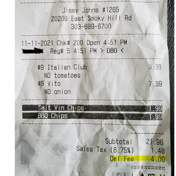 Jimmy John's - the receipt for the restaurant - Sandwiches Near Me - Centennial, Colorado