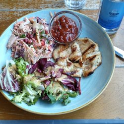 Gourmet Bourger Kitchen - Naked chicken, with bbq sauce, salad, and cole slaw. Princes Gate bottled water.