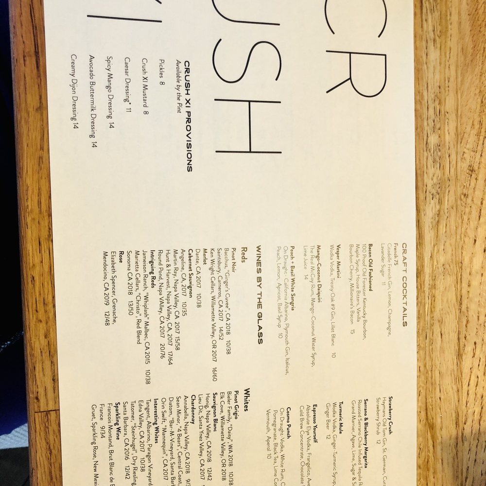 Crush XI - Modified paper disposable menu - New American Near Me - Melbourne, Florida Crush XI - Modified paper disposable menu - New American Near Me - Melbourne, Florida