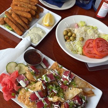 Eagle Grille and Millers Dockside - zucchini fries, ahi tuna nachos w extra tuna, clam chowder, salad - Seafood Near Me - Boca Grande, Florida