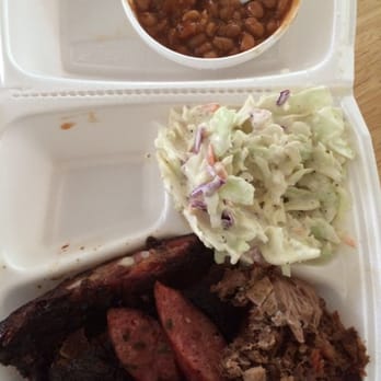 Old House BBQ - 3 meat combo. Ribs, jalapeño sausage, pulled pork w/side of baked beans and coleslaw. - Barbeque Near Me - Lewisville, Texas Old House BBQ - 3 meat combo. Ribs, jalapeño sausage, pulled pork w/side of baked beans and coleslaw. - Barbeque Near Me - Lewisville, Texas