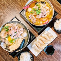 Japanese Miso, Korean Kimchi, Pan Fried Dumplings (6pc)