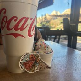 Large Zion (Dr pepper, vanilla and coconut cream.) Small vanilla ice cream with rainbow sprinkles Large Zion (Dr pepper, vanilla and coconut cream.) Small vanilla ice cream with rainbow sprinkles
