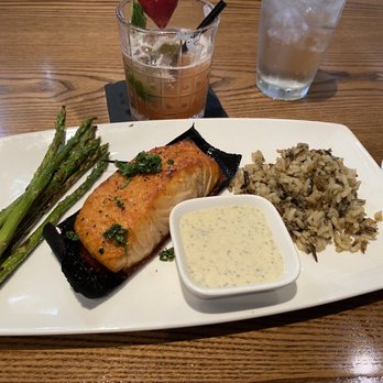 ChopHouse Grille - Cedar plank salmon, scary rice side of Brussel Sprouts and Strawberry Margarita. - Steakhouses Near Me - Exton, Pennsylvania ChopHouse Grille - Cedar plank salmon, scary rice side of Brussel Sprouts and Strawberry Margarita. - Steakhouses Near Me - Exton, Pennsylvania