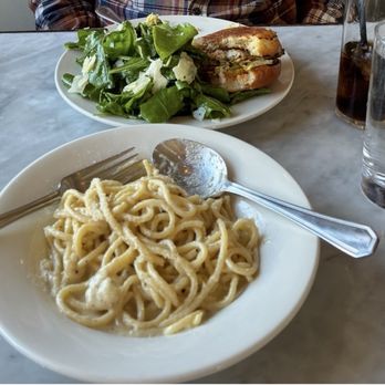 Little Dom's Seafood - Grilled Fish Sandwich with Arugula Salad and Tonnarelli Cacio e Pepe. - Pizza Near Me - Carpinteria, California Little Dom's Seafood - Grilled Fish Sandwich with Arugula Salad and Tonnarelli Cacio e Pepe. - Pizza Near Me - Carpinteria, California