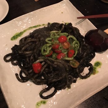 Kinjiro - Squid ink udon with calamari on top - Izakaya Near Me - Los Angeles, California Kinjiro - Squid ink udon with calamari on top - Izakaya Near Me - Los Angeles, California
