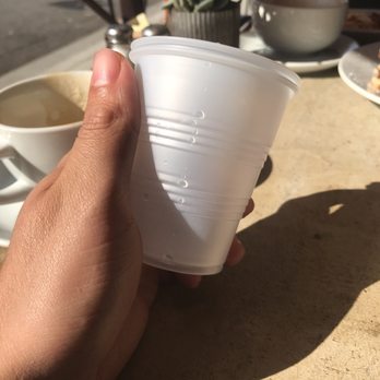 Cafe Topes - Finger for scale on these cups. For the price you pay here you should at least get glass cups and cold water like everywhere else. - Coffee & Tea Near Me - Carlsbad, California Cafe Topes - Finger for scale on these cups. For the price you pay here you should at least get glass cups and cold water like everywhere else. - Coffee & Tea Near Me - Carlsbad, California