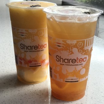Sharetea - Peach Ice blended with rainbow jelly and ice cream (left) Hawaii fruit tea with aiyu jelly (right) - Coffee & Tea Near Me - Renton, Washington Sharetea - Peach Ice blended with rainbow jelly and ice cream (left) Hawaii fruit tea with aiyu jelly (right) - Coffee & Tea Near Me - Renton, Washington
