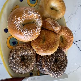 I wanted to try Asiago, blueberry, & salt - hence the pieces! Our favorite was the salty - least favorite the bacon cheese. I wanted to try Asiago, blueberry, & salt - hence the pieces! Our favorite was the salty - least favorite the bacon cheese.