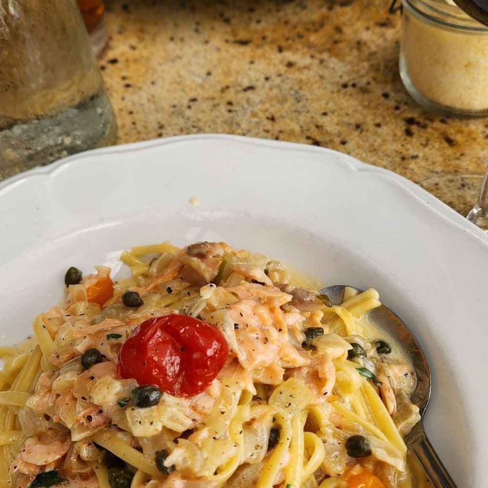 Paluca Trattoria - Gamberoni (back) and salmon pasta. - Italian Near Me - Monterey, California Paluca Trattoria - Gamberoni (back) and salmon pasta. - Italian Near Me - Monterey, California