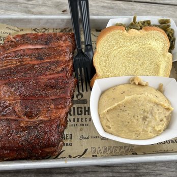 Wright's Barbecue - Ribs plate with mashed potatoes and collard greens - Southern Near Me - Johnson, Arkansas