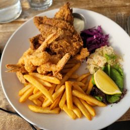 My lunch, Montauk Whiting fish w/ Jumbo Shrimp along with fries and slaw. My lunch, Montauk Whiting fish w/ Jumbo Shrimp along with fries and slaw.