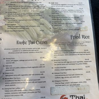 Thai Station - Menu - The menu lists vegetarian options and fried rice dishes, including Pad Rant Jae, Shitake Sesame, and Pineapple Curry, with prices ranging from $12.95 to $14.95. - Thai Near Me - Payson, Arizona