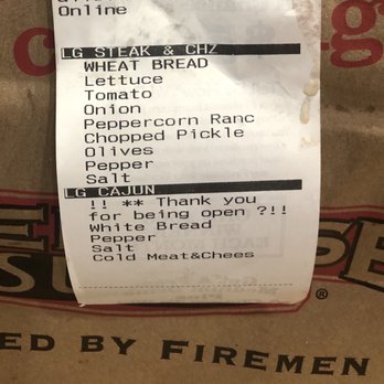Firehouse Subs - Kitchen ticket. Did not get receipt. - Fast Food Near Me - Anchorage, Alaska Firehouse Subs - Kitchen ticket. Did not get receipt. - Fast Food Near Me - Anchorage, Alaska