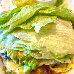 Lettuce wrapped double char with cheese & avocado. Lettuce wrapped double char with cheese & avocado.