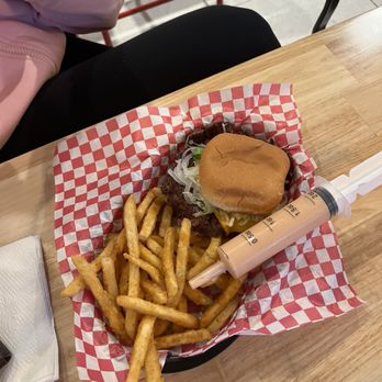 Secret Burger Kitchen - Signature Smash 1/3 LB Burger w/ Cheese & Fries, SBK Sauce Syringe - Burgers Near Me - Seattle, Washington