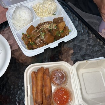 Emma’s Kitchen - Pork adobo with rice and mac salad, and pork lumpia - Filipino Near Me - Waikoloa Village, Hawaii Emma’s Kitchen - Pork adobo with rice and mac salad, and pork lumpia - Filipino Near Me - Waikoloa Village, Hawaii