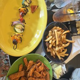 Veggie skewer and fries Veggie skewer and fries