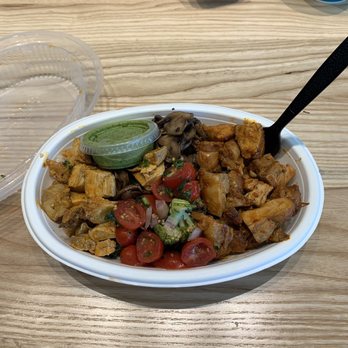 Bolay - Large bowl with jasmine rice, lemon chicken (left side), bbq chicken (right side), mushrooms, broccoli, tomato, and pesto on the side! - New American Near Me - Winter Park, Florida Bolay - Large bowl with jasmine rice, lemon chicken (left side), bbq chicken (right side), mushrooms, broccoli, tomato, and pesto on the side! - New American Near Me - Winter Park, Florida