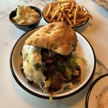Oak & Ember - Brisket sandwhich with extra cheese, tzatziki potato salad, and the best fries ever. - Halal Near Me - Ontario, California Oak & Ember - Brisket sandwhich with extra cheese, tzatziki potato salad, and the best fries ever. - Halal Near Me - Ontario, California
